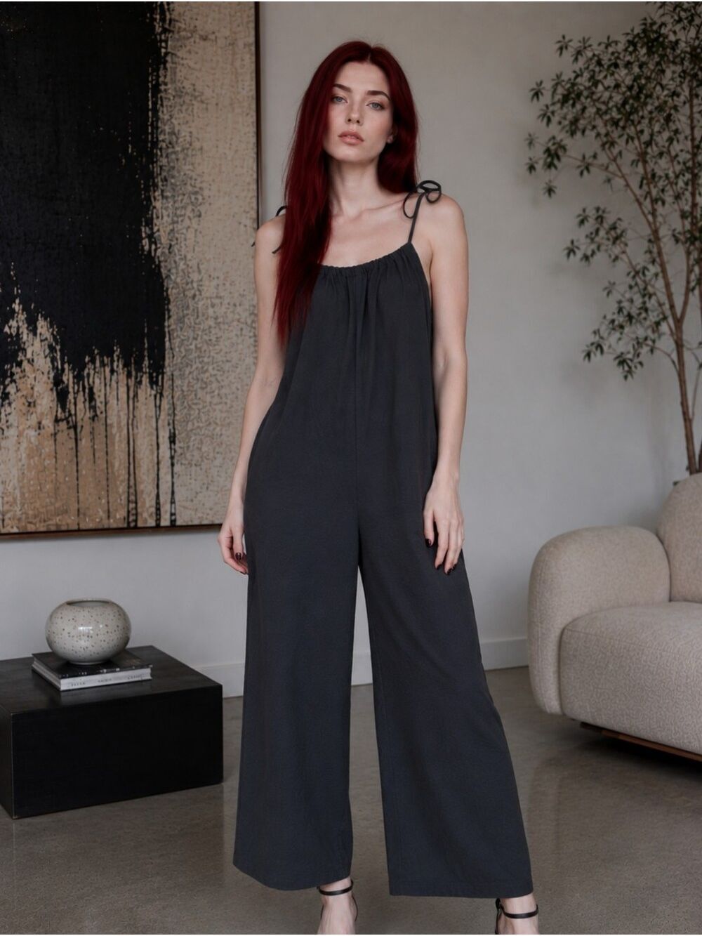 Veveret Black Wide Leg Jumpsuit L Adjustable Tie Straps Boho Minimalist CC